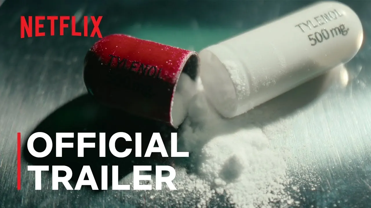 Arte do trailer: uma cápsula de Tylenol aberta, com o pó derramado